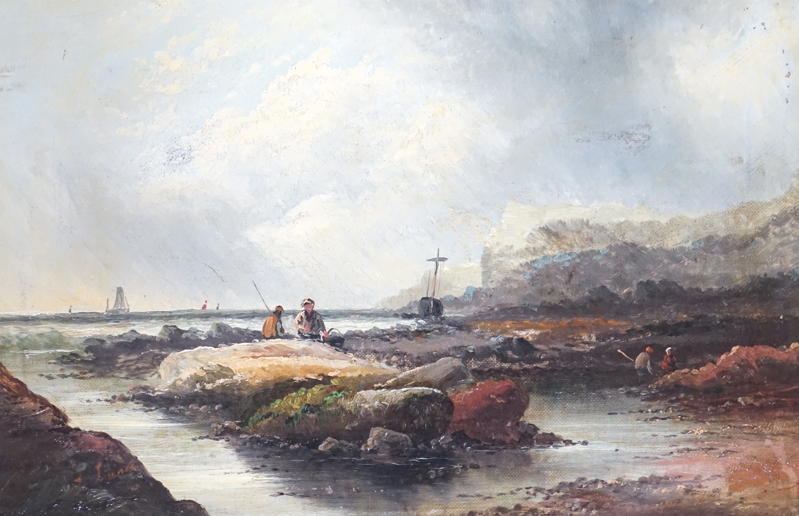 Late 19th/early 20th century school, oil on canvas, Coastal scene with figures collecting shellfish, unsigned, 29 x 44cm